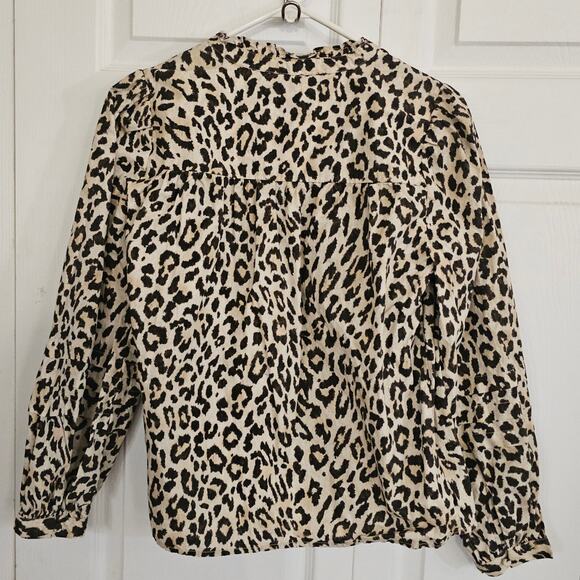 J. Crew Button Front Ruffleneck Popover Shirt XS Leopard Business Mobwife Cotton - Picture 4 of 7